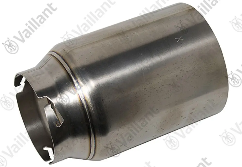 Edelstahl-Flammrohr von Vaillant mit konischem Ende und Sicherungsmechanismus, geeignet zur Verwendung in Heizsystemen.